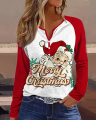 Christmas Santa Claus V Neck Shift Casual Long Sleeve Top