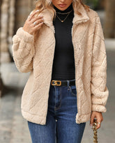 Zipper Plaid Fleece Pockets Women's Coat Cardigan