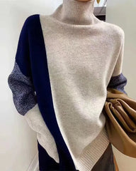 Color Stitching Pullover Wool Long Sleeve Loose Turtleneck Knit Sweater