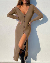 Knit Thread Button Long Sleeve Cardigan Dress