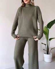 Solid Color Two Piece Set Casual Turtleneck Sweater Top & Wide Leg Pants