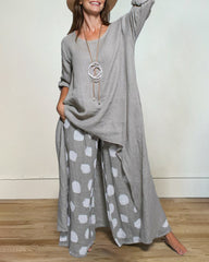 Polka-dot Pattern Irregular Top and Wide-leg Pants Two-piece Set