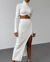 Knited Two Piece Set Long Sleeve Turtleneck Crop Top Split Skirt Outfits