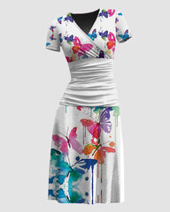 Casual V Neck Short Sleeve Sundress Loose Flowy Print Tunic Beach Dresses