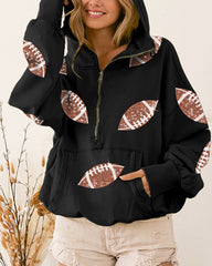 Rugby Sequined Hoodie Zipper Drawstring Long Sleeve Sweatshirt Top