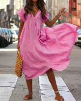 Summer Long V-Neck Boho Chic Dress Casual Holiday Beach Dress Loose Short Sleeve Dresses
