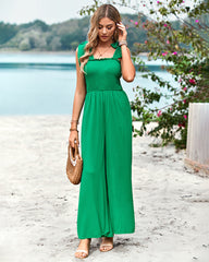 Sleeveless Lace-up Smocked Jumpsuits Solid Loose fit Wide Leg High Wasit Romper