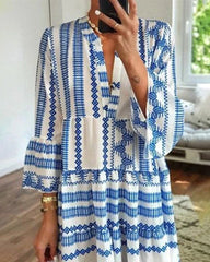 Printed Deep V Neck Long Sleeve Flared Sleeve Maxi Dress