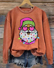 Women's Shiny Santa Print Round Neck Sweatshirt