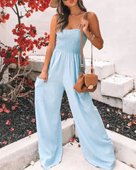 Wide Leg Jumpsuit Pocket Spaghetti Straps Plain Loose Jumpsuit
