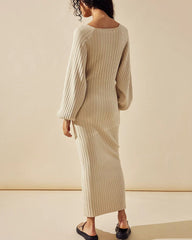 Casual Solid Color Knitted Dress V-neck Sweater Dress