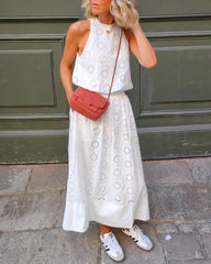 Two Piece Outfits Hollow out Embroidery Hanging Neck Top+High Waist Skirt Sets