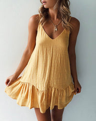Spaghetti Strap A Line Dress Summer Solid Color Sleeveless V Neck Mini Ruffle Beach Sundress