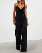 Casual Two Piece Set Black Velvet Strapless Top and Pants Set