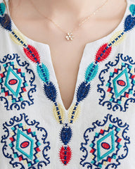 Loose Embroidered Floral Cotton Linen V-Neck 3/4 Sleeve Dress