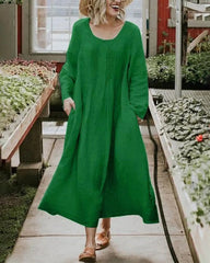 Round Neck Ruched Pocket Solid Long Sleeve Dress