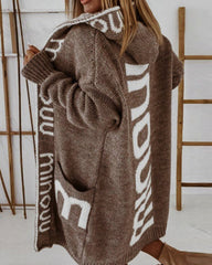 Long Elegant Stripe Cardigan Wool Long Sleeve Hooded Letter Knitted Coat