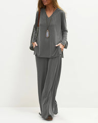 Two-piece Set Solid Long Sleeve Sweatshirt Wide Leg Pants Casual Loose Outfit Suit