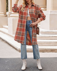 Plaid Longline Button-Up Shacket Lapel Neck Long Sleeve Shirt Pocket