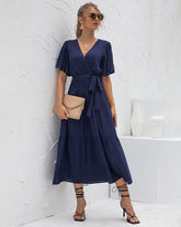 Elegant V Neck Short Sleeve Wrap Maxi Dress Loose High Waist Pleated Flowy Swing Long Dress with Belt