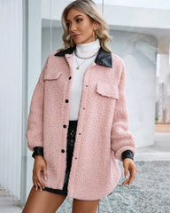 Lapel Collar Plush PU Single-breasted Trench Coat