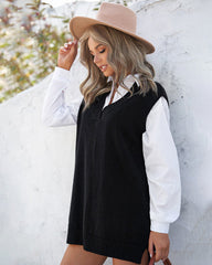 Solid Color Loose V-neck Sleeveless Vest Sweater Dresses