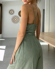 Straps Jumpsuits Romper One Shoulder Pleated High Waist Wide Leg Pansuits Casual Lounge Wear