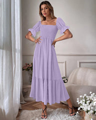 Ruffle Puff Sleeve Smocked Dress Square Neck Long Sleeve High Waist Flowy Maxi Dress