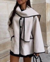 Hepburn Style Woolen Cape Coat With Scarf