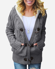 Casual Loose Fitting Fluffy Button Down Knitwear Coatigan Chunky Cable Hooded Cardigan