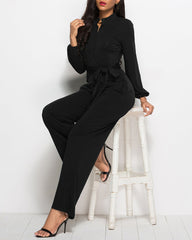 Elegant Long Sleeve Straight Long Pants Jumpsuits Clubwear Rompers with Pockets