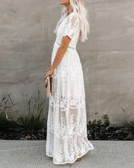 Boho Maxi Dress Embroidery White Lace Loose Holiday Beach Maxi Dress