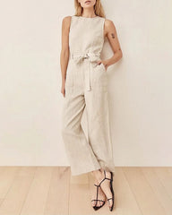 Solid Color Sleeveless Crew Neck Pockets Tie Jumpsuit