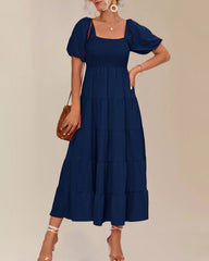 Square Neck Puff Short Sleeve Smocked Boho Maxi Dress Casual Flowy A Line Vacation Long Dress