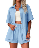 Zeagoo Womens 2 Piece Outfits Cotton Linen Shirt and Drawstring Short Set Vacation Set Casual Tracksuits (US Only)