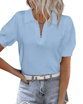 Zeagoo Womens Puff Short Sleeve Sweaters Tops Spring Collar V Neck Pullover Polo Shirt Soft Knit Blouses (US Only)