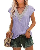 Zeagoo Short Sleeve Tops for Women Casual V Neck Lace T-Shirts Petal Sleeve Shirt Eyelet Pleated Loose Blouses (Us Only)