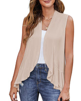 Women's Sleeveless Draped Open Front Cardigan Ruffles Hem Vest - Zeagoo (Us Only)