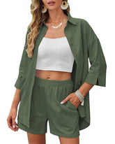 Women Linen Sets 2 Piece Summer Outfits Beach Linen Shirt Elastic Waist Casual Shorts Set - Zeagoo (Us Only)