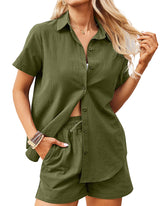Women 2 Piece Linen Set Outfit Summer Button Down Casual Lounge Beach Set - Zeagoo (Us Only)