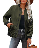 Women Classic Solid Biker Jacket Zip Up Bomber Jacket - Zeagoo (Us Only)