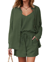 3 Piece Long Sleeve Outfits for Women Linen Set Button Up Shirts High Waisted Shorts V Neck Tank Top - Zeagoo (Us Only)