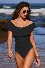 Black Ruffle Off Shoulder Glamorous Strappy One Piece Swimwear