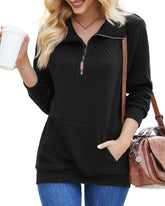 Womens Quilted Sweatshirts Quarter Zip Pullovers Lightweight Long Sleeve Stand Collar Tops with Kangaroo Pocket - Zeagoo (Us Only)