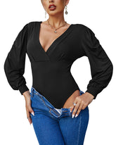 Women Sexy Bodysuits Long Sleeve V Neck Jumpsuits Tops Leotard Shirts - Zeagoo (Us Only)