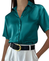 Zeagoo Women Satin Shirt V-Neck Short Sleeve Button Down Shirt Casual Loose Office Silk Tops (Us Only)