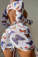 Butterfly Print Girly Strappy Drawstring Three Pieces