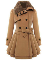 Women's Fashion Faux Fur Lapel Double-Breasted Thick Wool Trench Coat Jacket - Zeagoo (Us Only)
