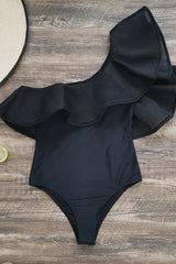 Black Striking Ruffle One Shoulder One Piece Swimwear