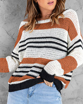 Striped Color Block Round Neck Loose Knit Sweater